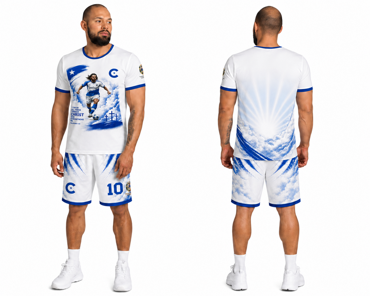 Island Legacy Rising Tide — White & Royal Blue Men's Football Athletic Set — complete look