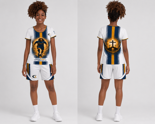 Island Legacy Rising Tide — White, Deep Navy & Gold Women's Activewear Set — complete look